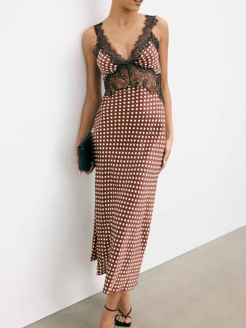 Ronny Kobo Holiday V-Neck Lace Trim Polka Dot Midi Dress
